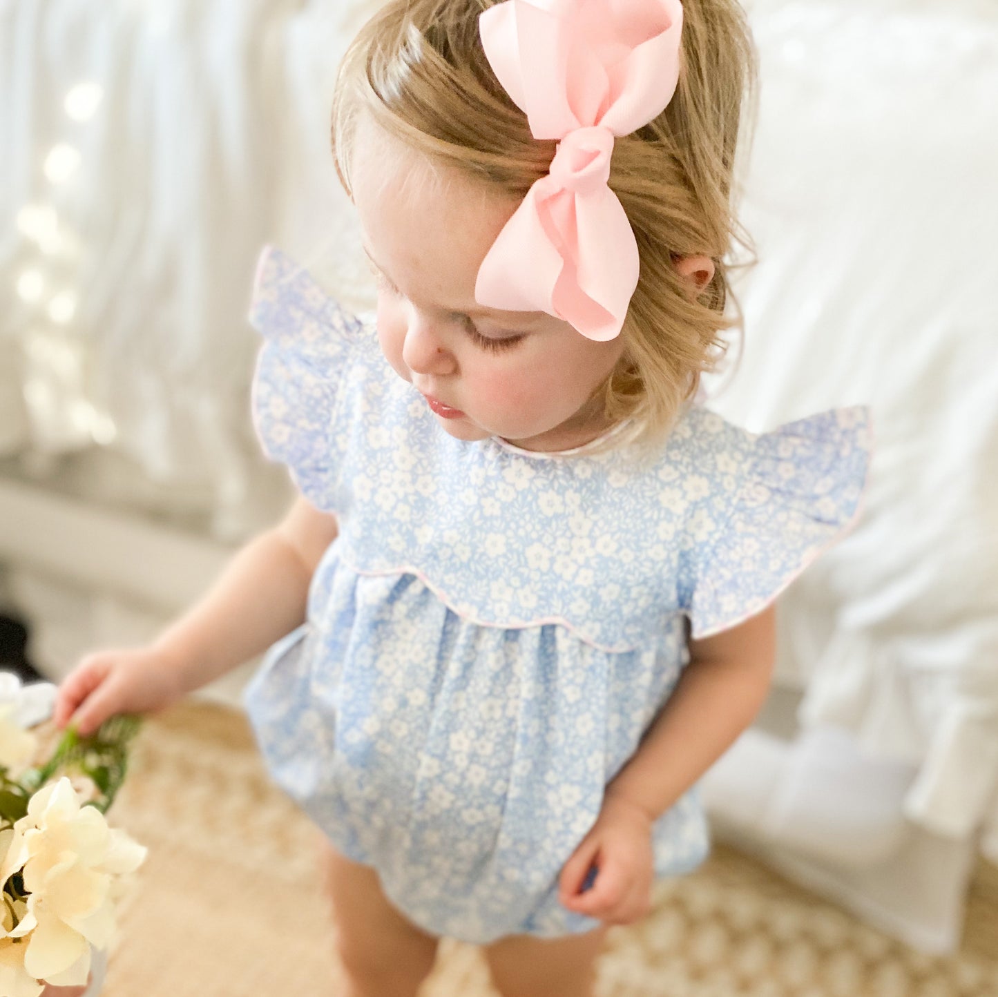 Blue Floral Bubble with Angel Wing Sleeves 6M-3T