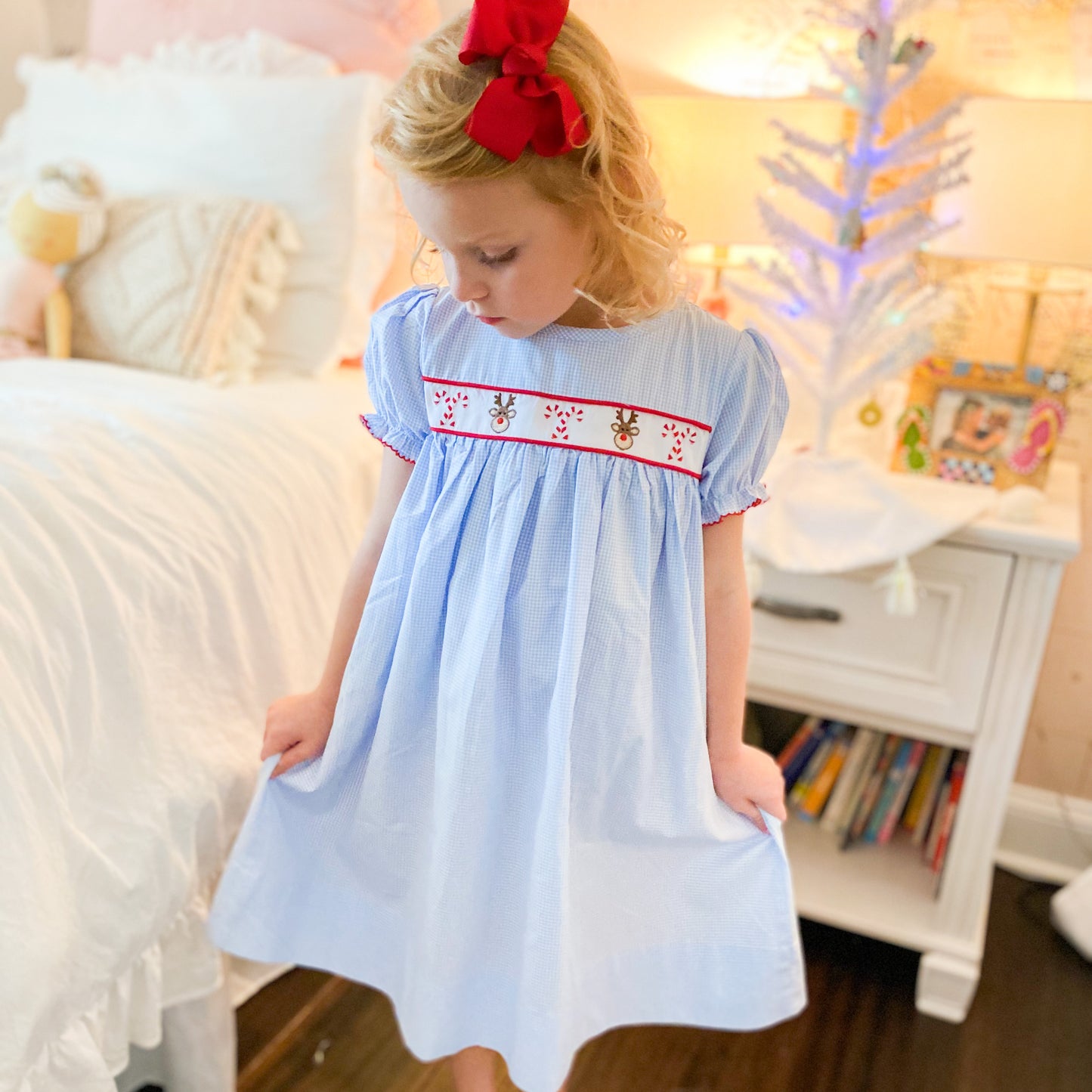 Reindeer and Candy Cane Embroidered Dress 6M-6T