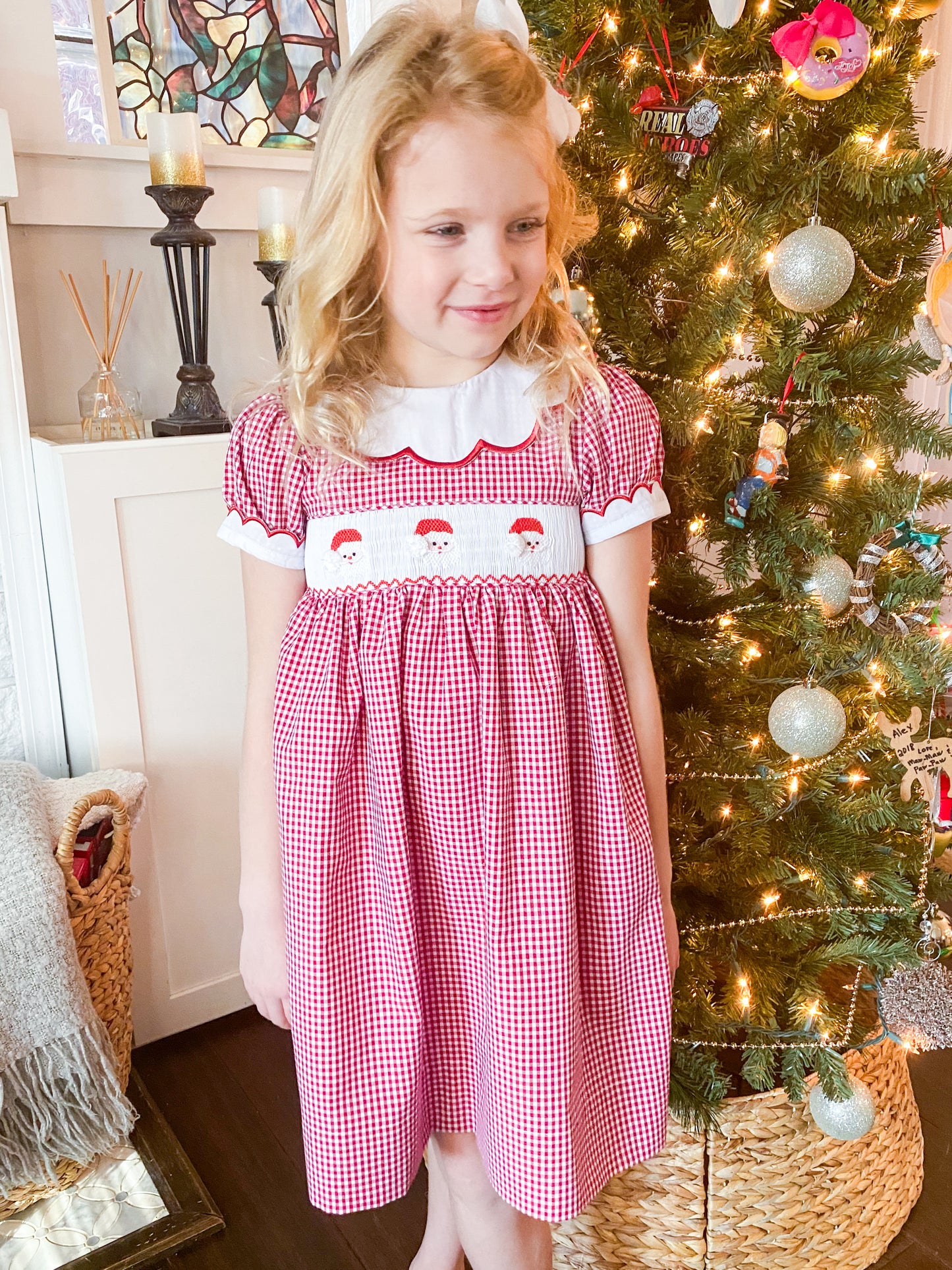 Santa Smock Dress with Scallop Neckline 12M-6T