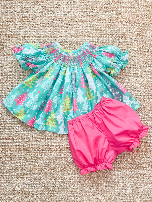 Pink and Teal Tree Geometric Smock 6M-3T