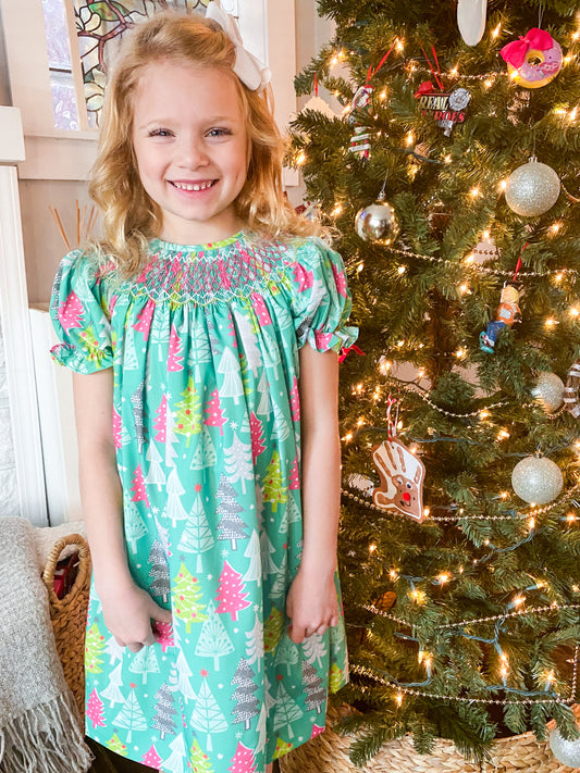 Pink and Teal Tree Smock Dress 12M-6T