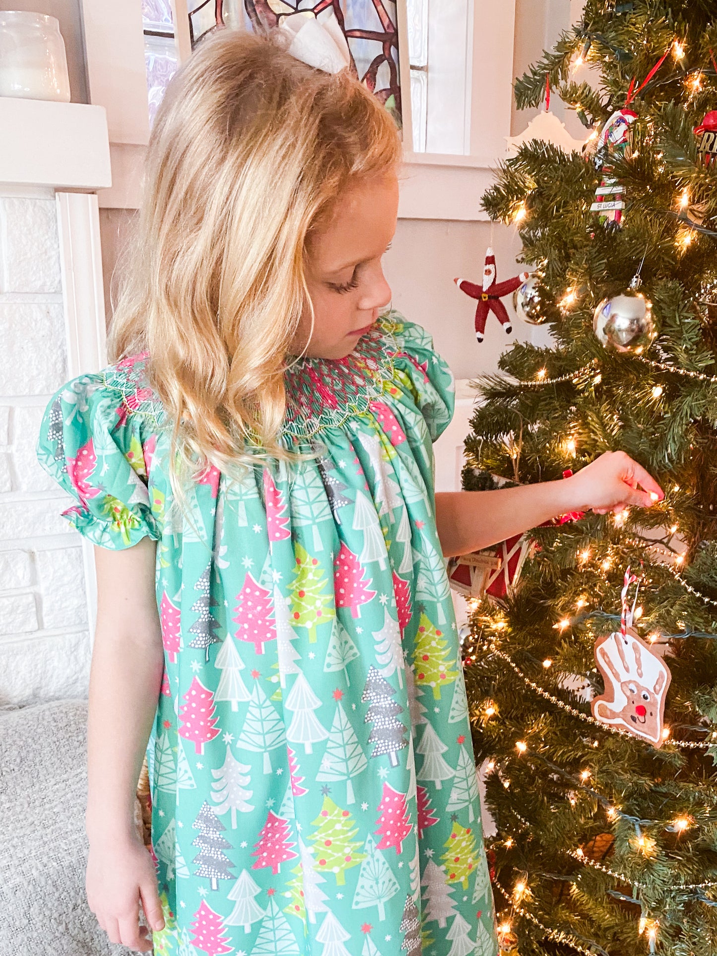 Pink and Teal Tree Smock Dress 12M-6T