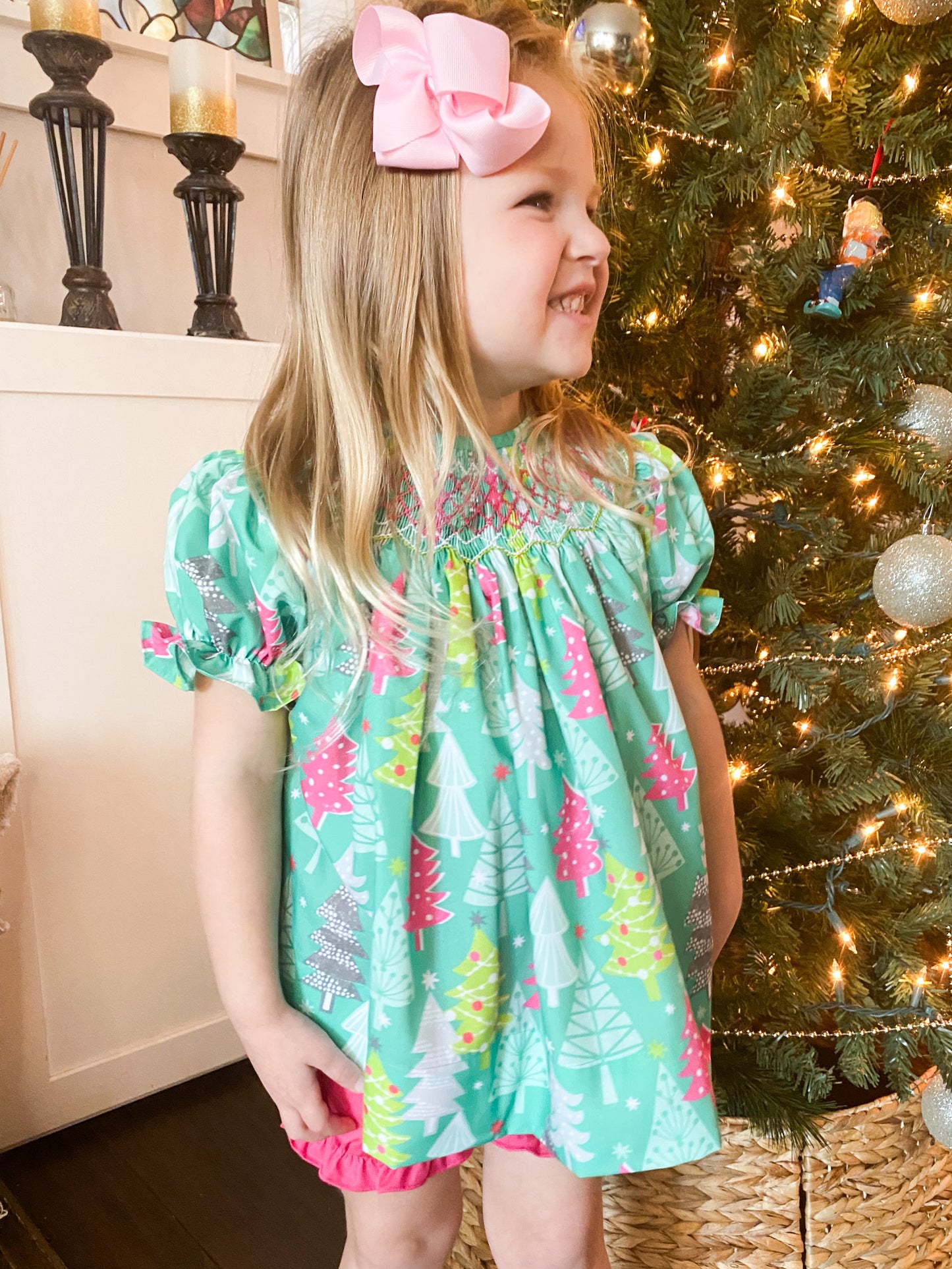 Pink and Teal Tree Geometric Smock 6M-3T