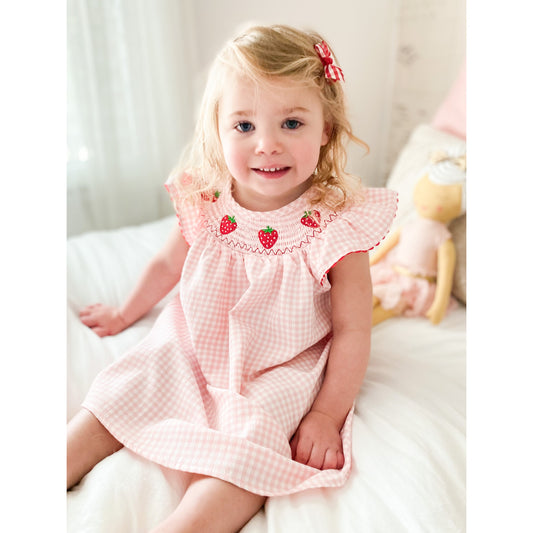 Pink Plaid Strawberry Patch Smocked Dress