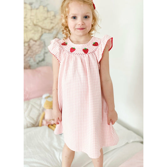 Pink Plaid Strawberry Patch Smocked Dress