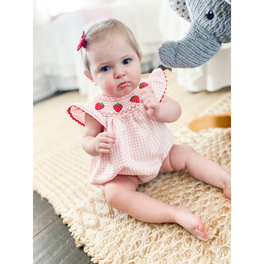 Pink Plaid Strawberry Patch Smocked Romper