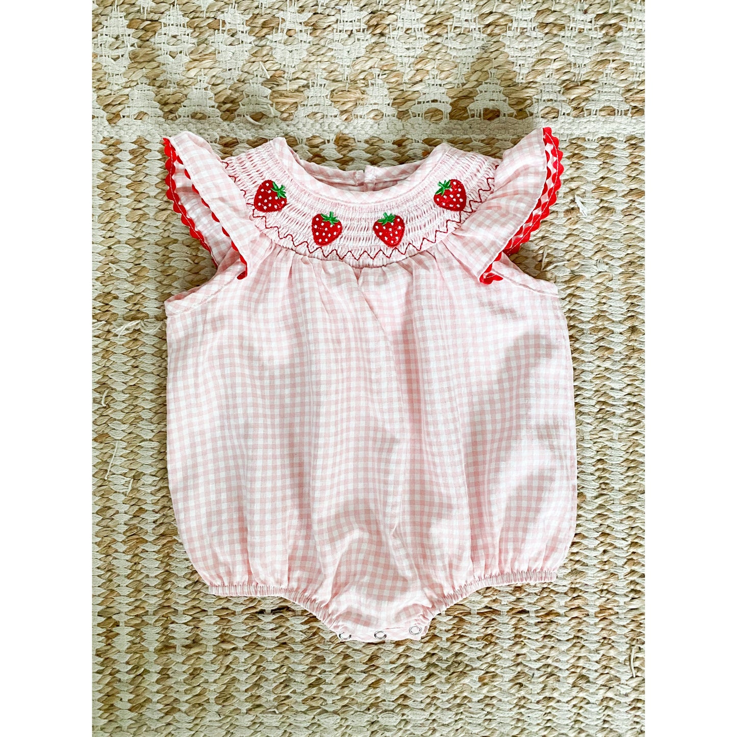 Pink Plaid Strawberry Patch Smocked Romper