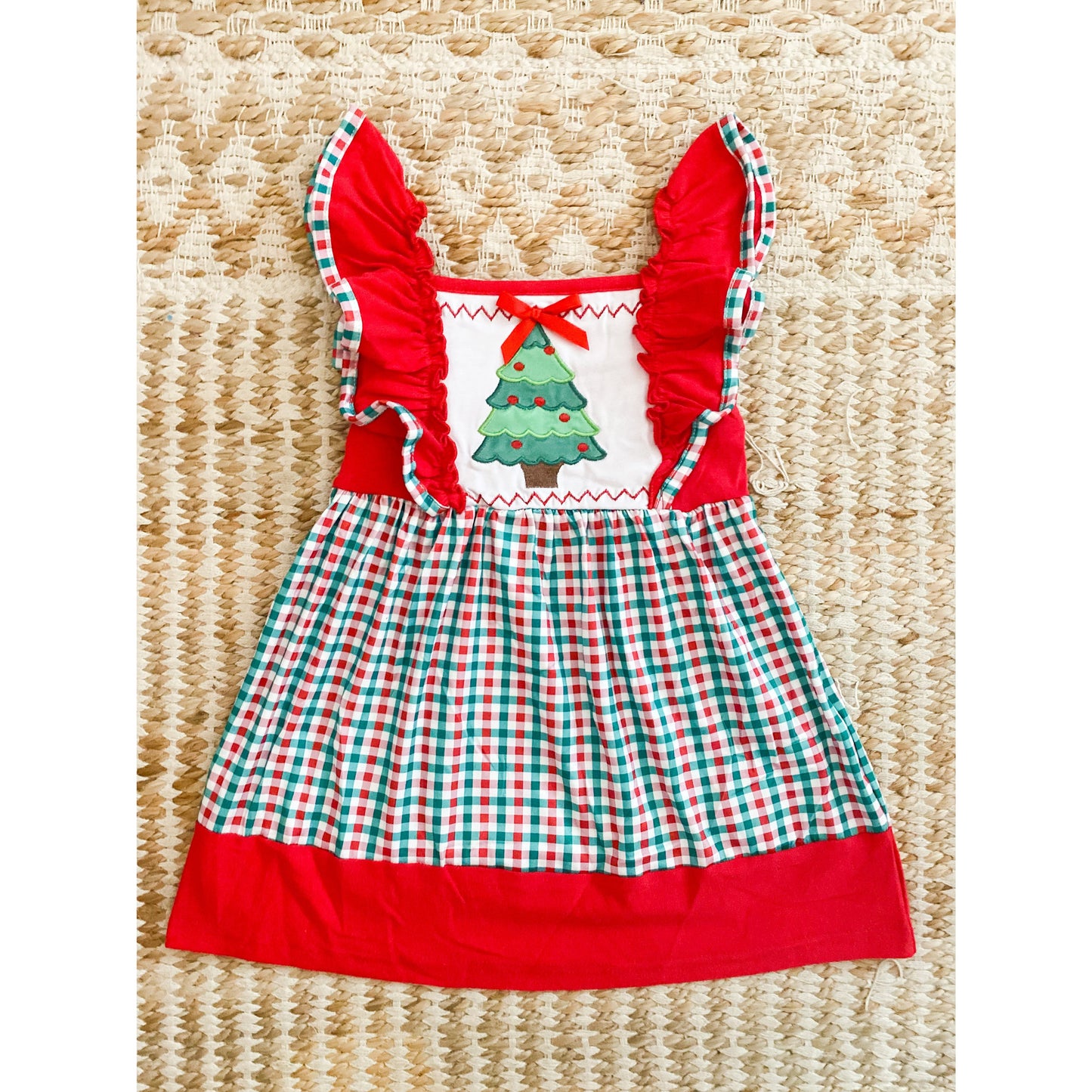 Red and Green Christmas Tree Dress with Ruffle Sleeves