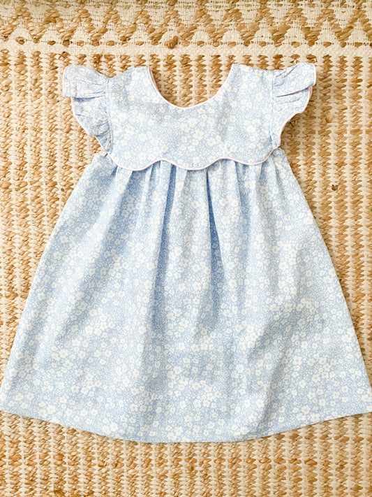 Blue Floral Dress with Scallop Neckline and Angel Sleeves 6M-6T