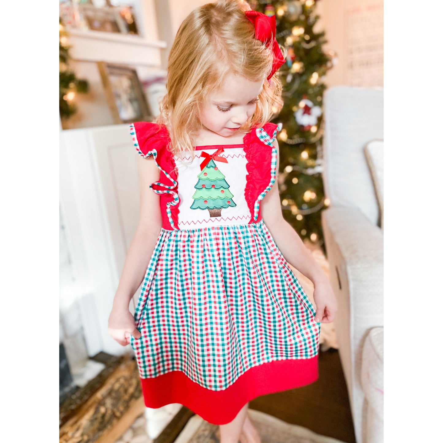 Red and Green Christmas Tree Dress with Ruffle Sleeves