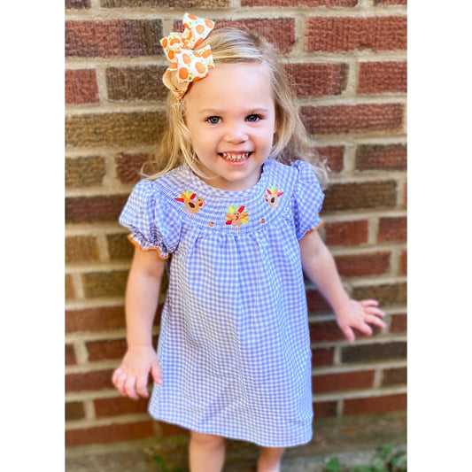 Thanksgiving Turkey Smock Dress with Blue Gingham