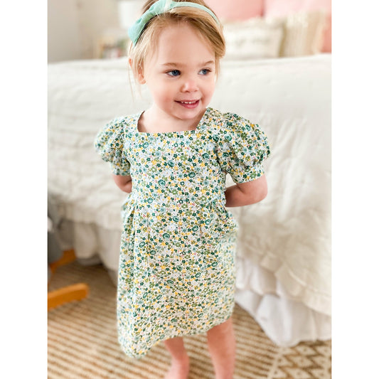 Mini Blossoms Dress with Bow and Puff Sleeves