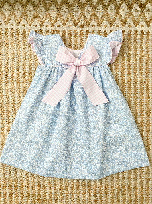 Blue Floral Dress with Scallop Neckline and Angel Sleeves 6M-6T