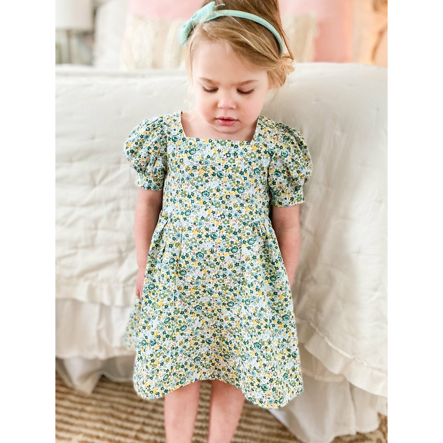 Mini Blossoms Dress with Bow and Puff Sleeves