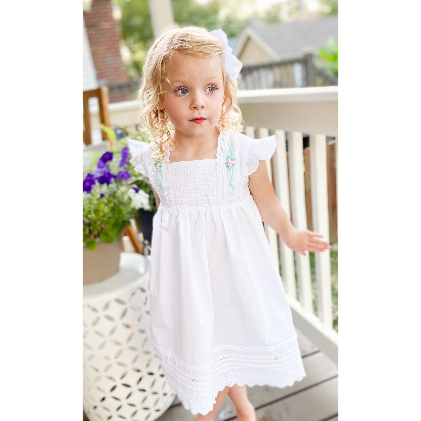 White Cotton and Lace Dress with Petite Pink Flowers