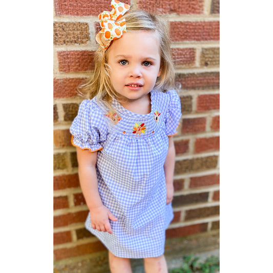 Thanksgiving Turkey Smock Dress with Blue Gingham