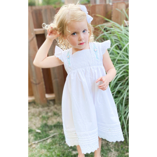 White Cotton and Lace Dress with Petite Pink Flowers