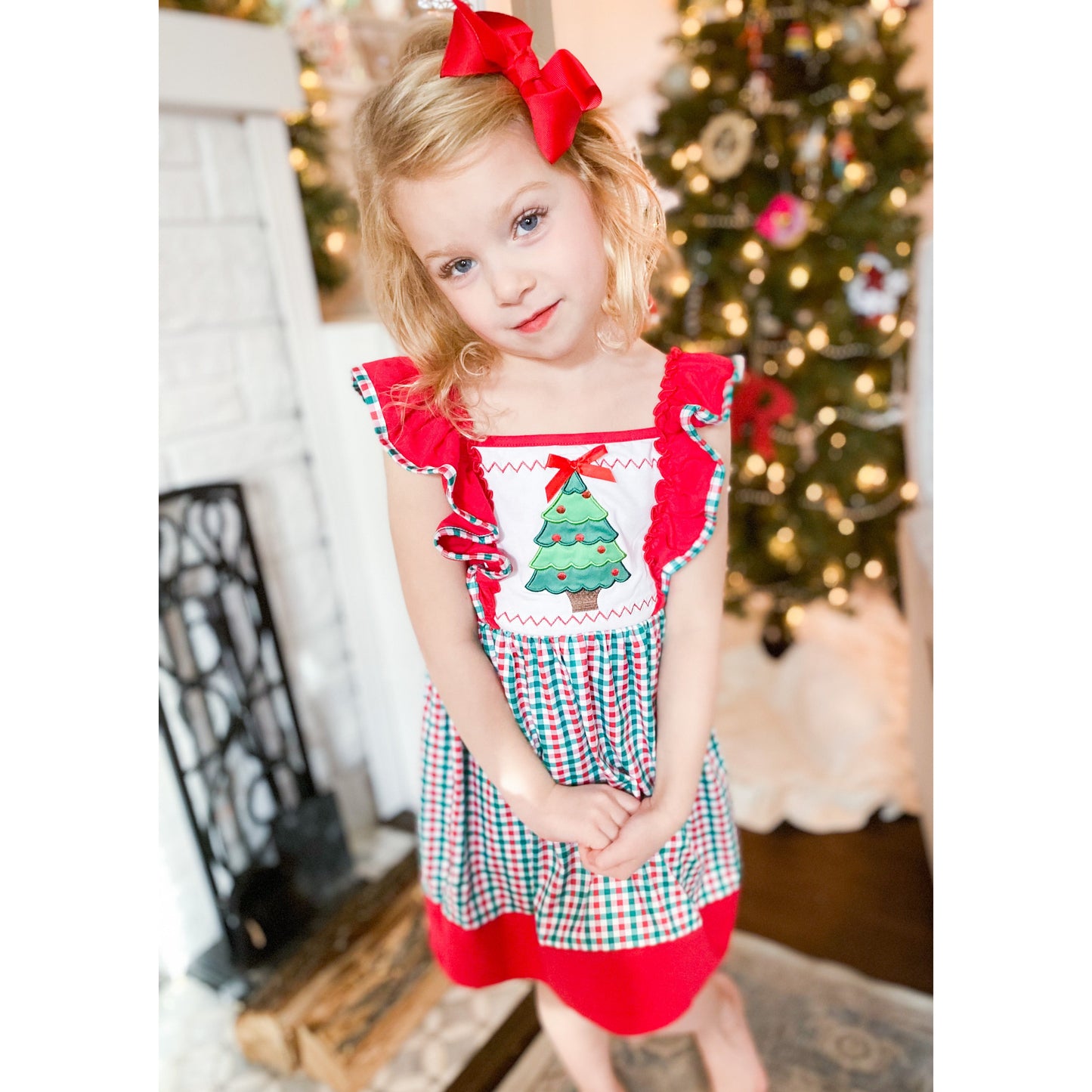 Red and Green Christmas Tree Dress with Ruffle Sleeves