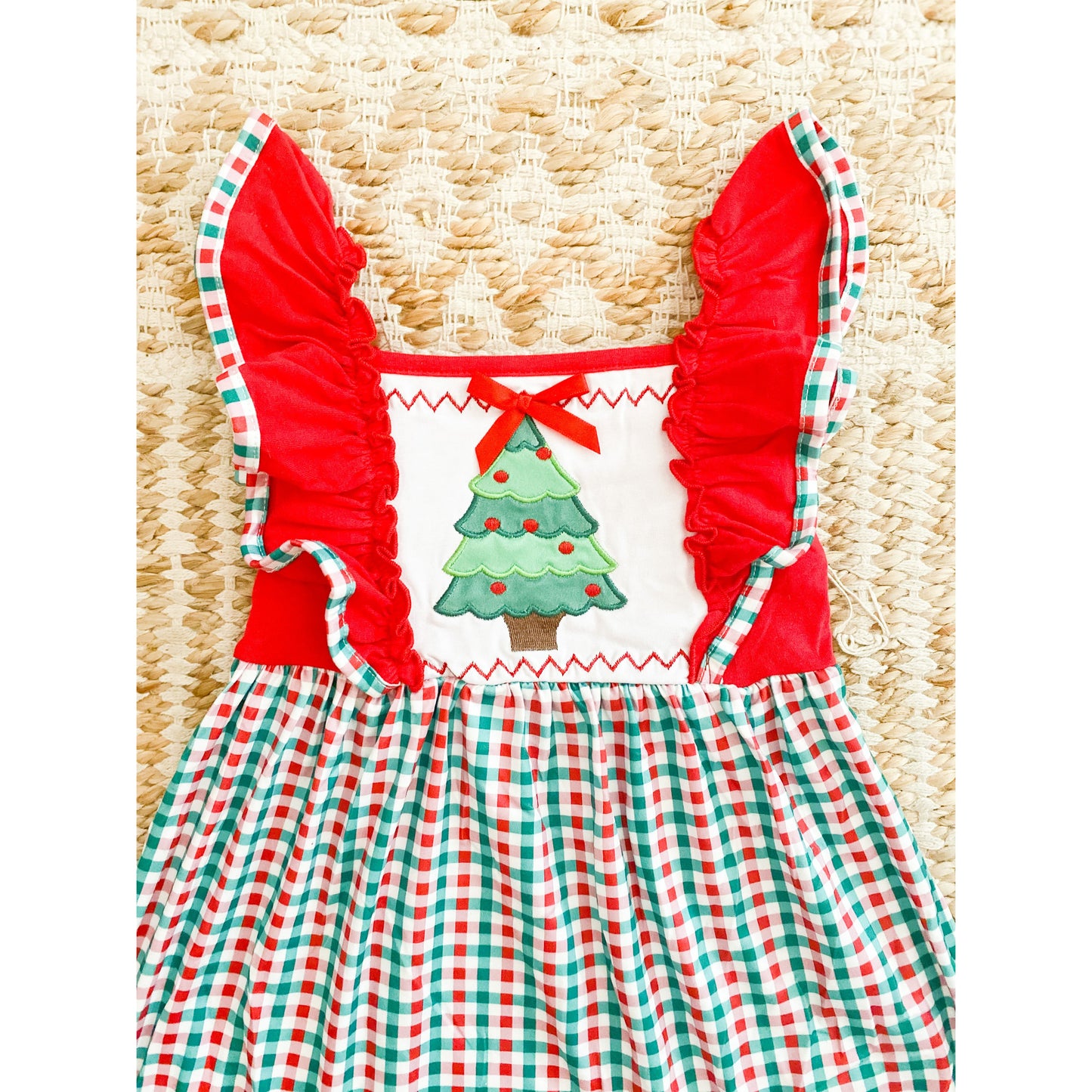 Red and Green Christmas Tree Dress with Ruffle Sleeves