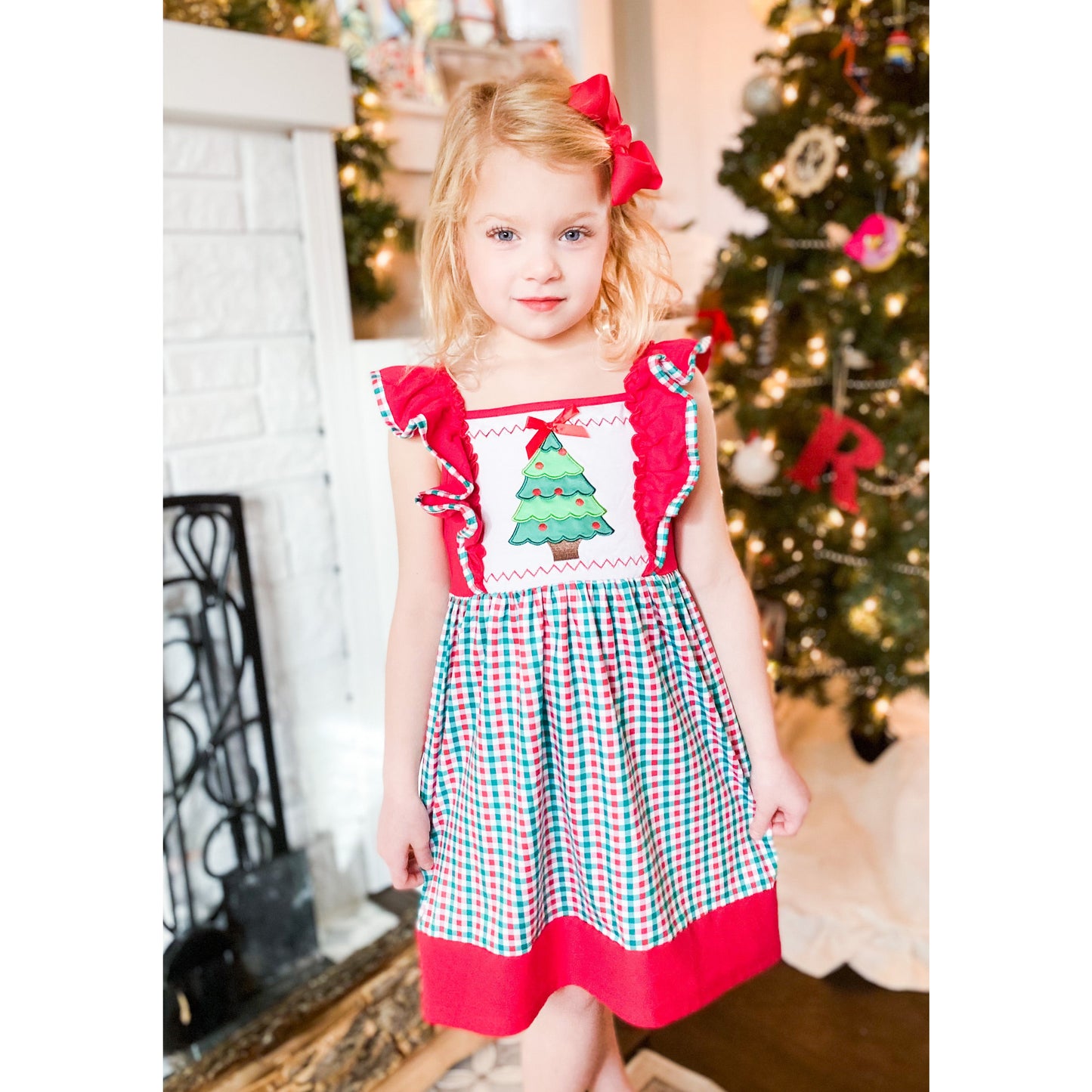 Red and Green Christmas Tree Dress with Ruffle Sleeves